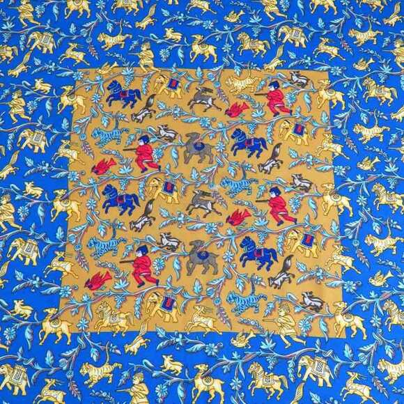 HERMÈS Shawl Stole Scarf CHASSE EN INDE Cashmere Silk Blue Multicolor E59361A - Picture 2 of 5